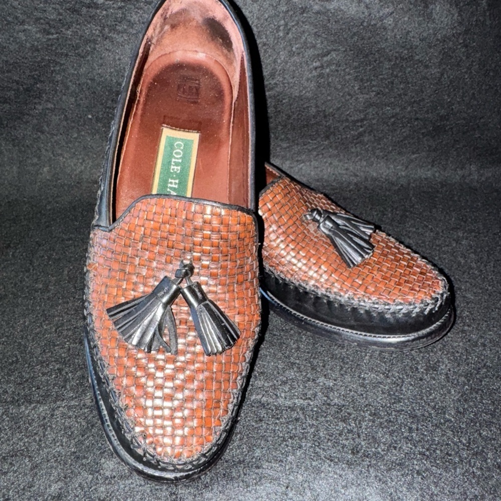 COLE HAAN Women's Brown & Black Woven TASSEL Loafers US 6 B Leather Shoes